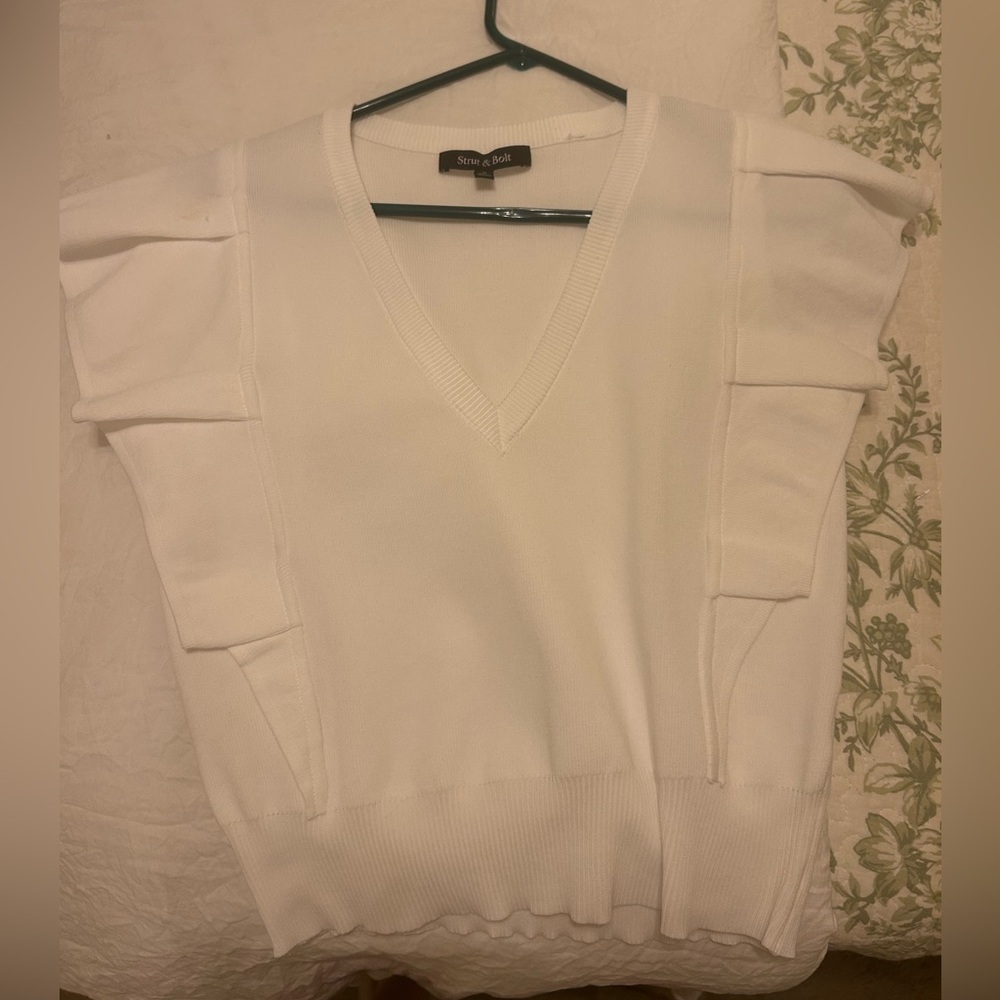 White V-Neck Sweater with Ruffle Sleeves